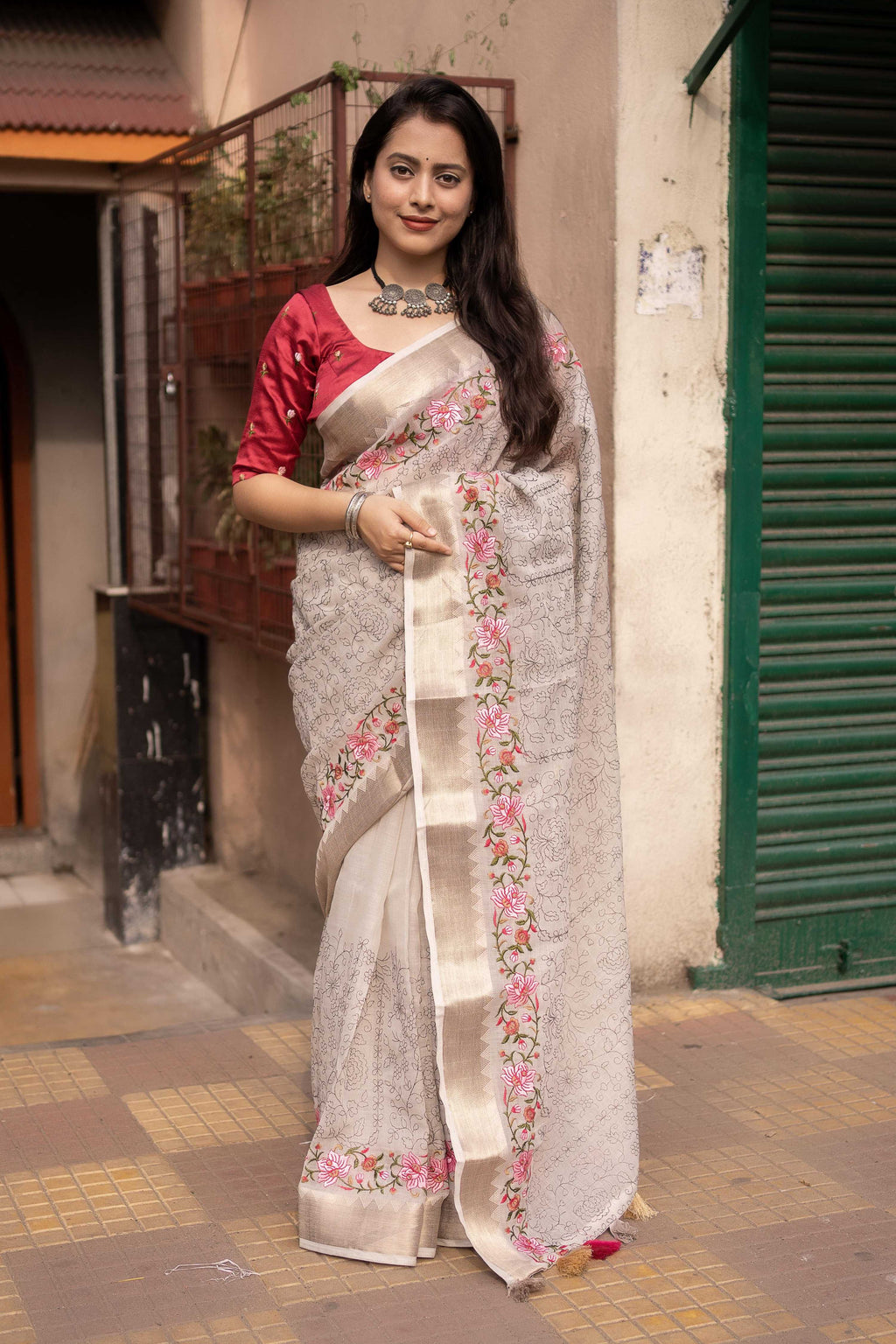 Grey Pure Linen Woven Design Saree with Unstitched Blouse - Hiral Fashion