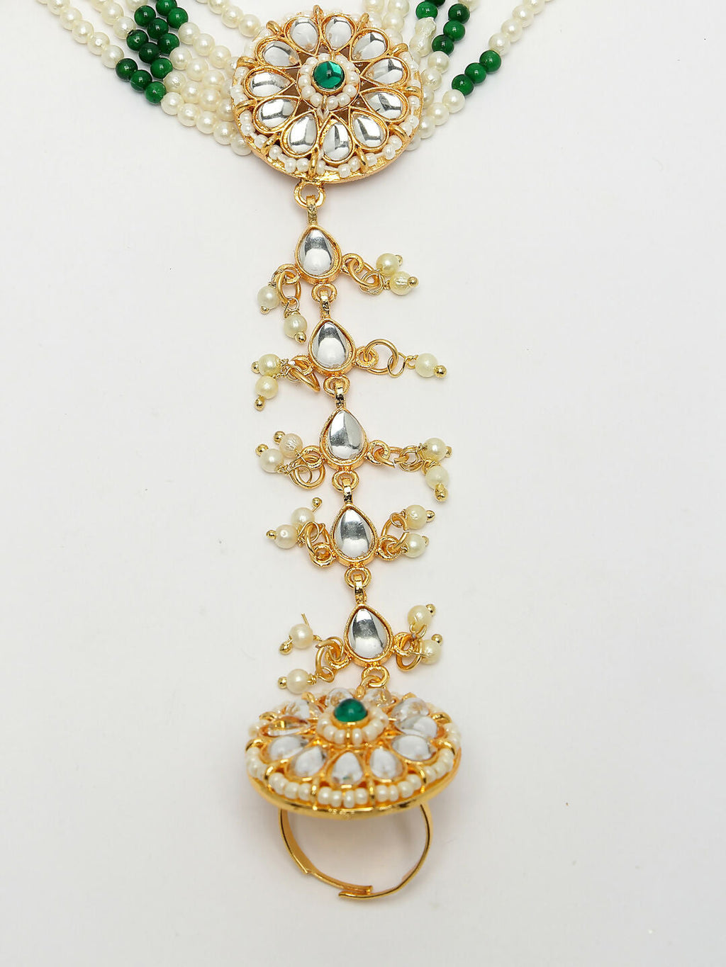 NVR Women's Green Gold-Polished Stone Studded Handcrafted Ring Bracelet