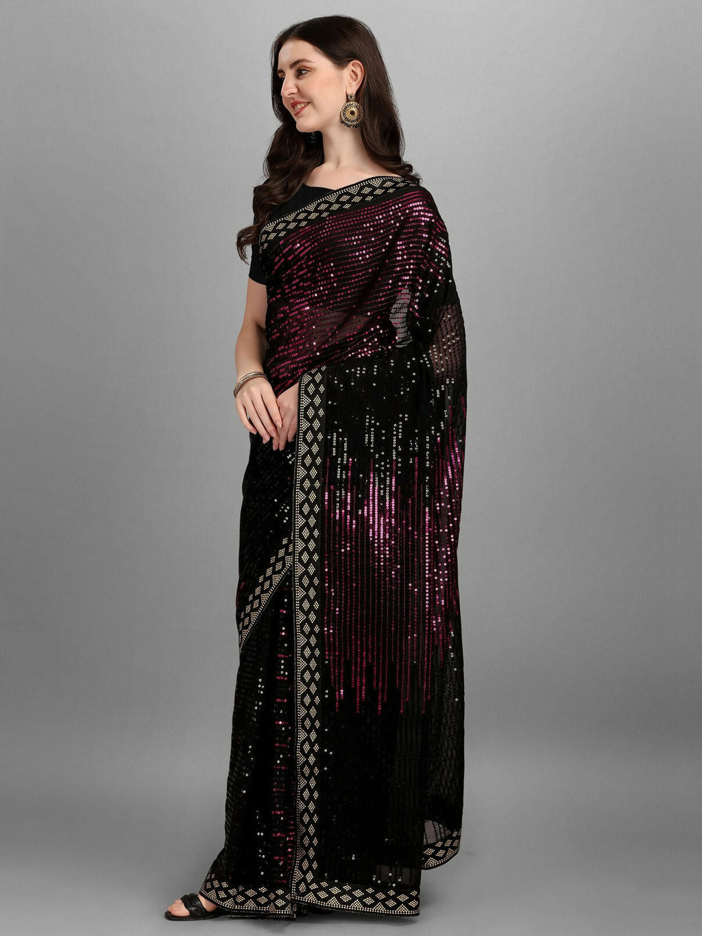 Vegaa Fashion Black Georgette Embroidered Party Wear Saree