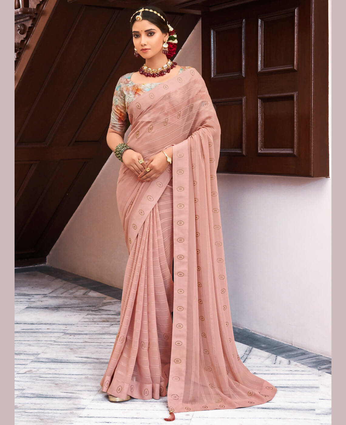 Peach Georgette Swaroski Work Saree With Unstitched Blouse Piece - Juhi