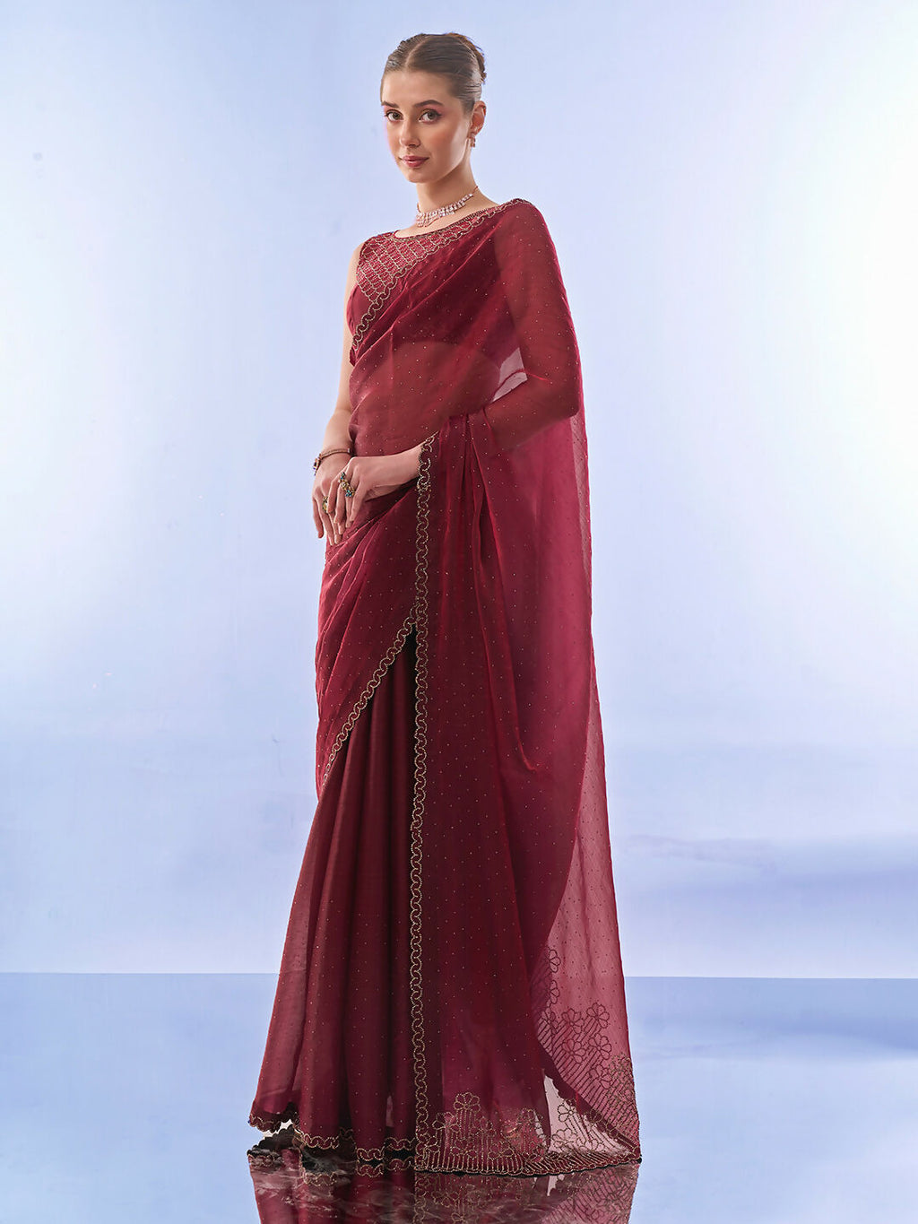 Maroon Burburry Designer Work Lace Border & Swarovski Work Saree - Orchid