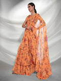 Orange Georgette Floral Printed Saree With Unstitched Blouse Piece - Rajal