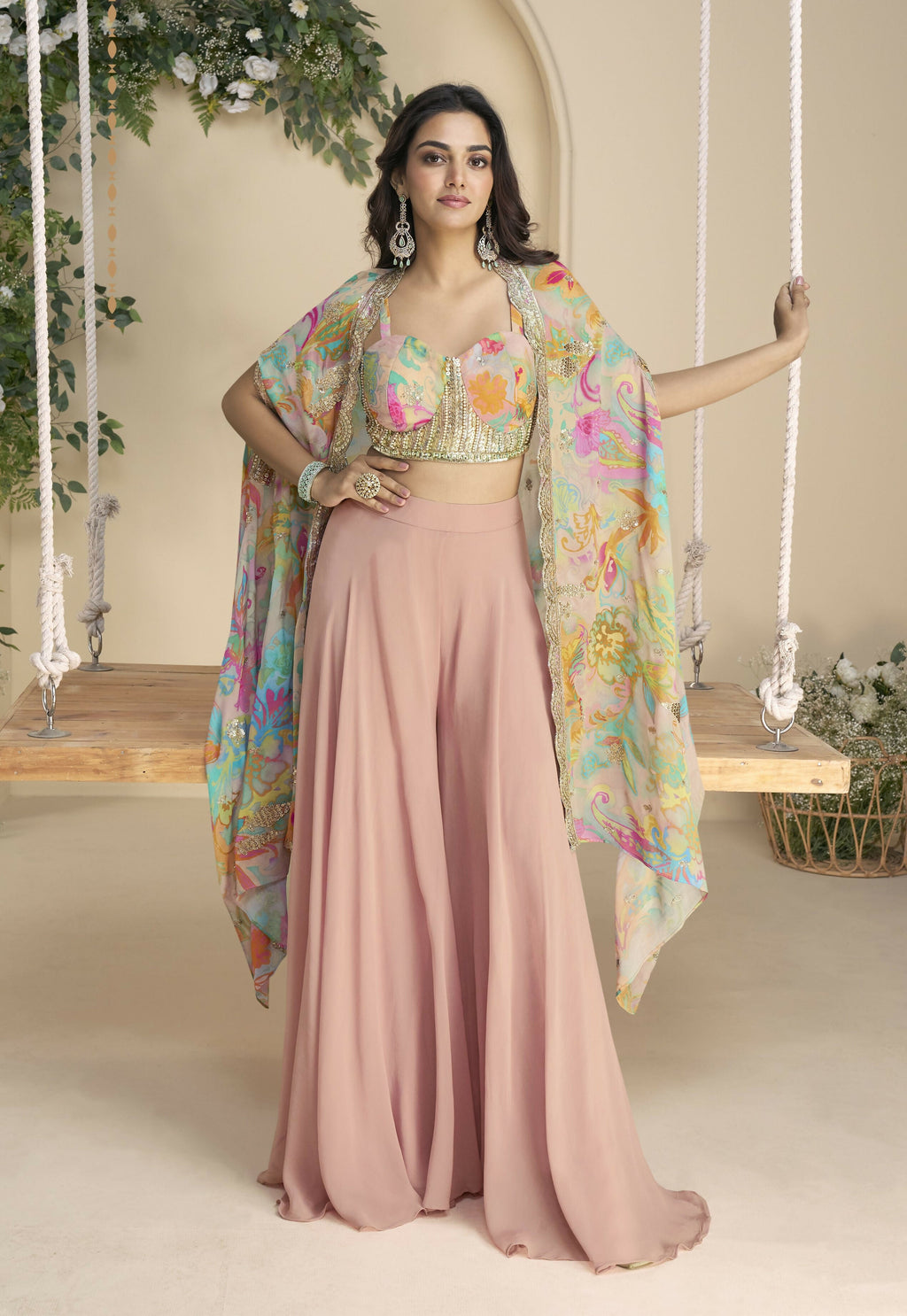 Anaita Pink Chinon Readymade Shrug Suit with Embroidery Sequence Work