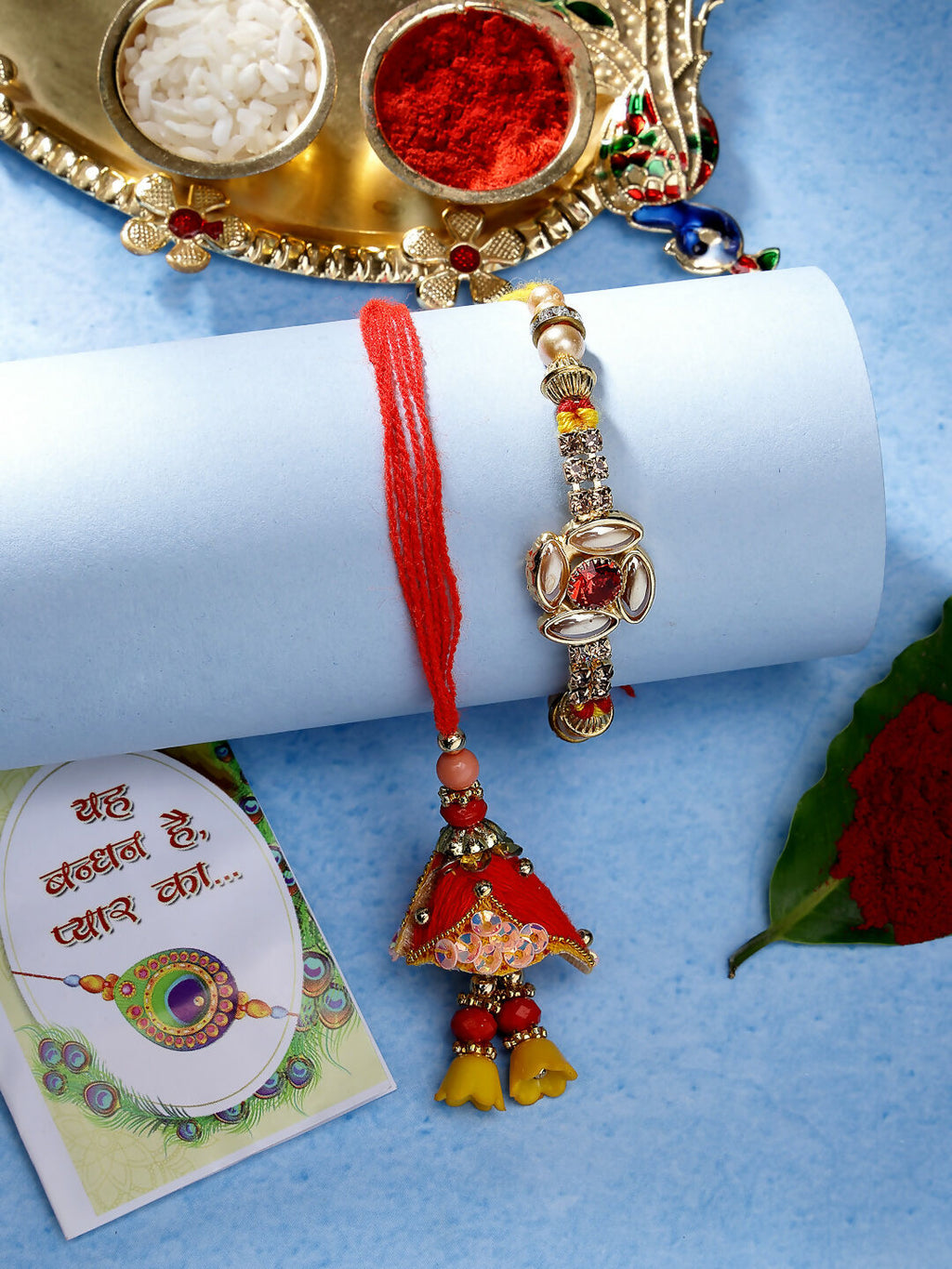 NVR Women & Men Set of 2 Red & Gold-Toned Stone-Studded Bhaiya Bhabhi Rakhi With Roli Chawal