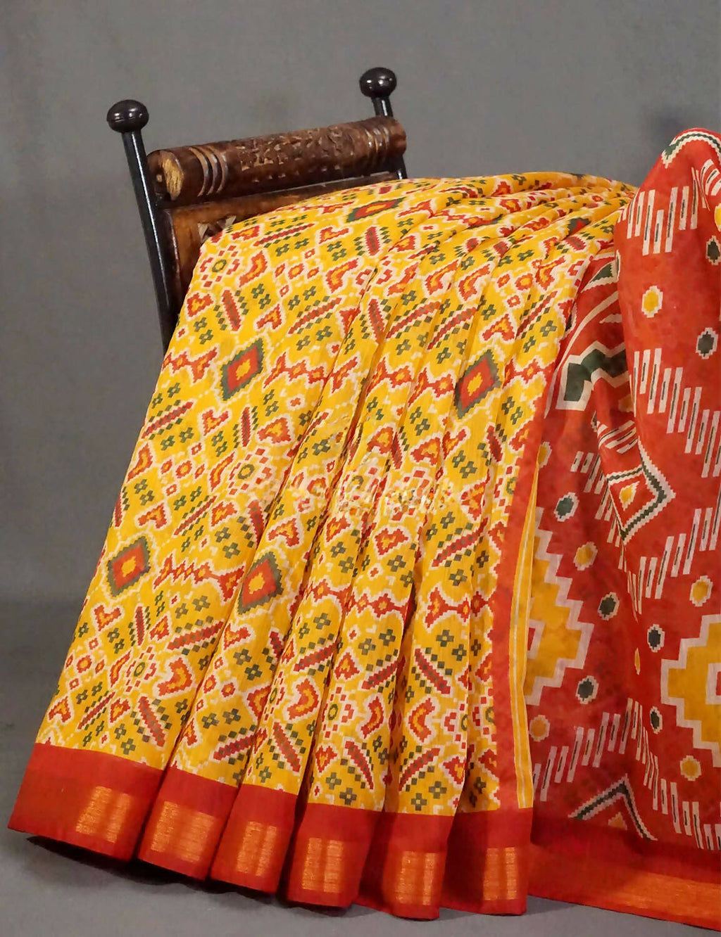 Yellow And Red Coloured Patola Print Semi Chanderi Saree By Gayathri Reddy Designer Studio