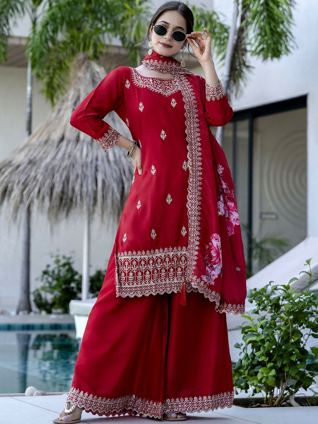 The52 Red Women's Gorgeous Embroidered Vichitra Silk Fabric Straight Kurta, Sharara and Dupatta Set