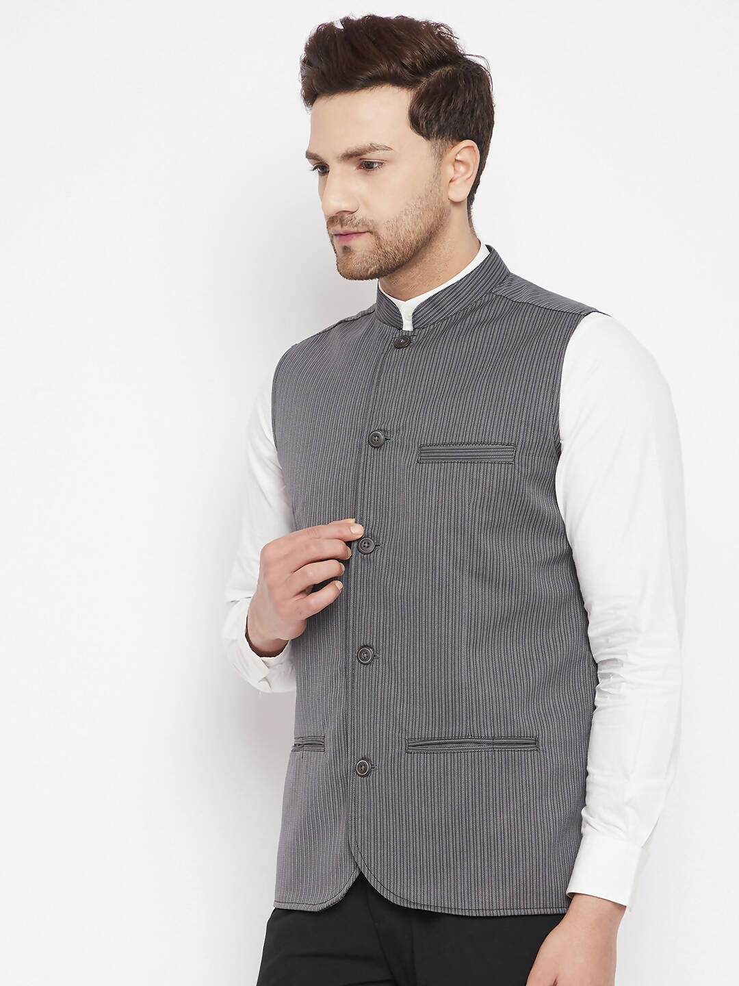 Even Apparels Grey Merino Men Woven Nehru Jacket BF708