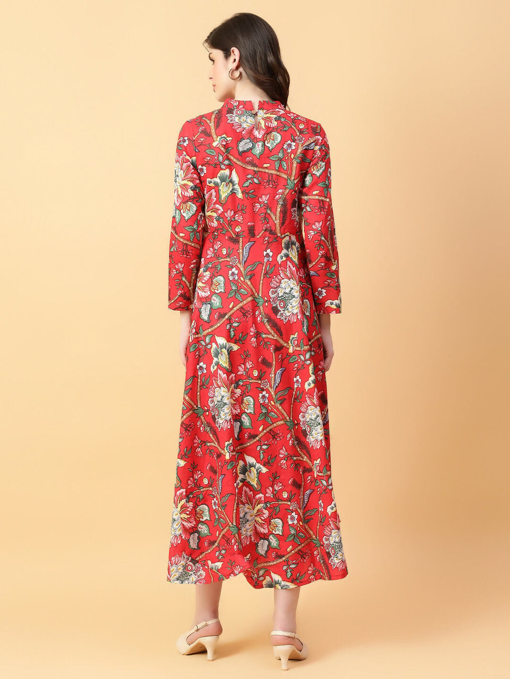 Joban Fashion Red Cotton Printed & Hand Work Dress