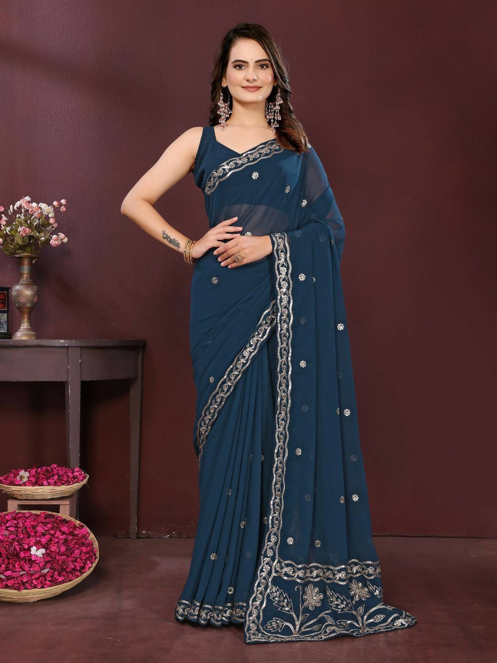 Ai Fashion Teal Soft Georgette Embroidery Party Wear Saree