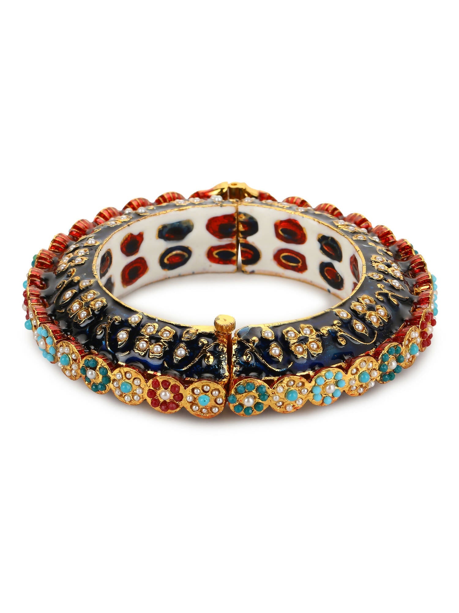 Gold-Polished Blue White Kundan Studded Pearls Beaded Bangle - Ruby Raang