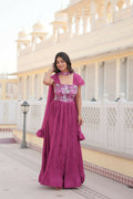 Vastranavya Position Print with Fancy Balloon Sleeves Chinnon Crush Pleating Gown with Dupatta - Pink