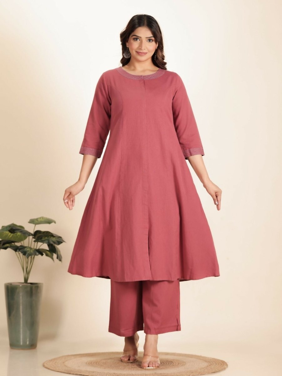 Aramya Pink Linen Cotton Solid A-line Kurta for Women