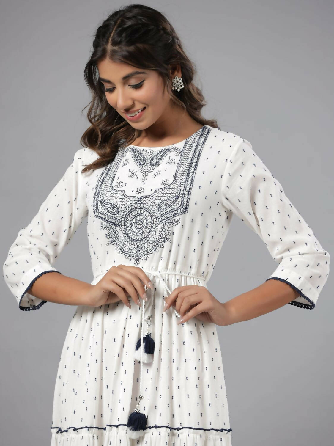 Juniper Women Off-White Cotton Dobby Embroidered Tiered Maxi Dress