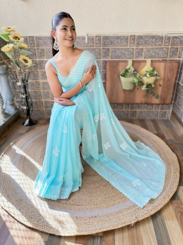 Sky Blue Georgette Sequence Embroidery Cut Work Saree - Saadia