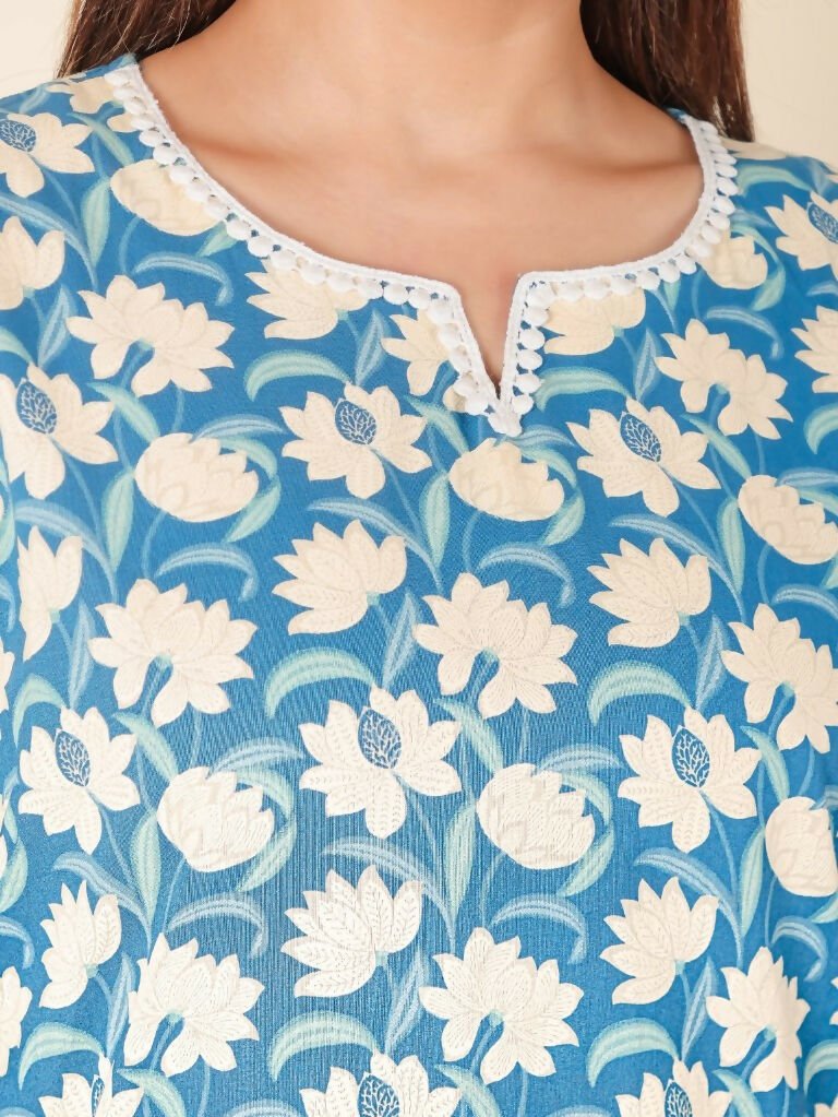 Aramya Kaftan Soft Cotton Floral Print Women's Kurta Set - Blue