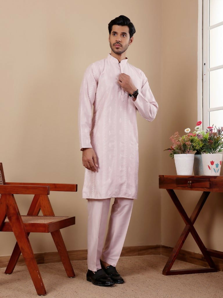 Light Pink Silk Designer Embroidery Work Men's Rajwadi Kurta Set - Mahotsav