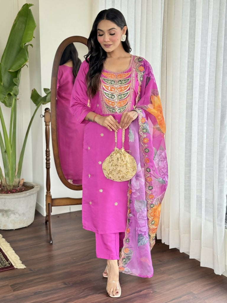 Light purple Viscose Chanderi Stitched Suit With Dupatta - Tanisha