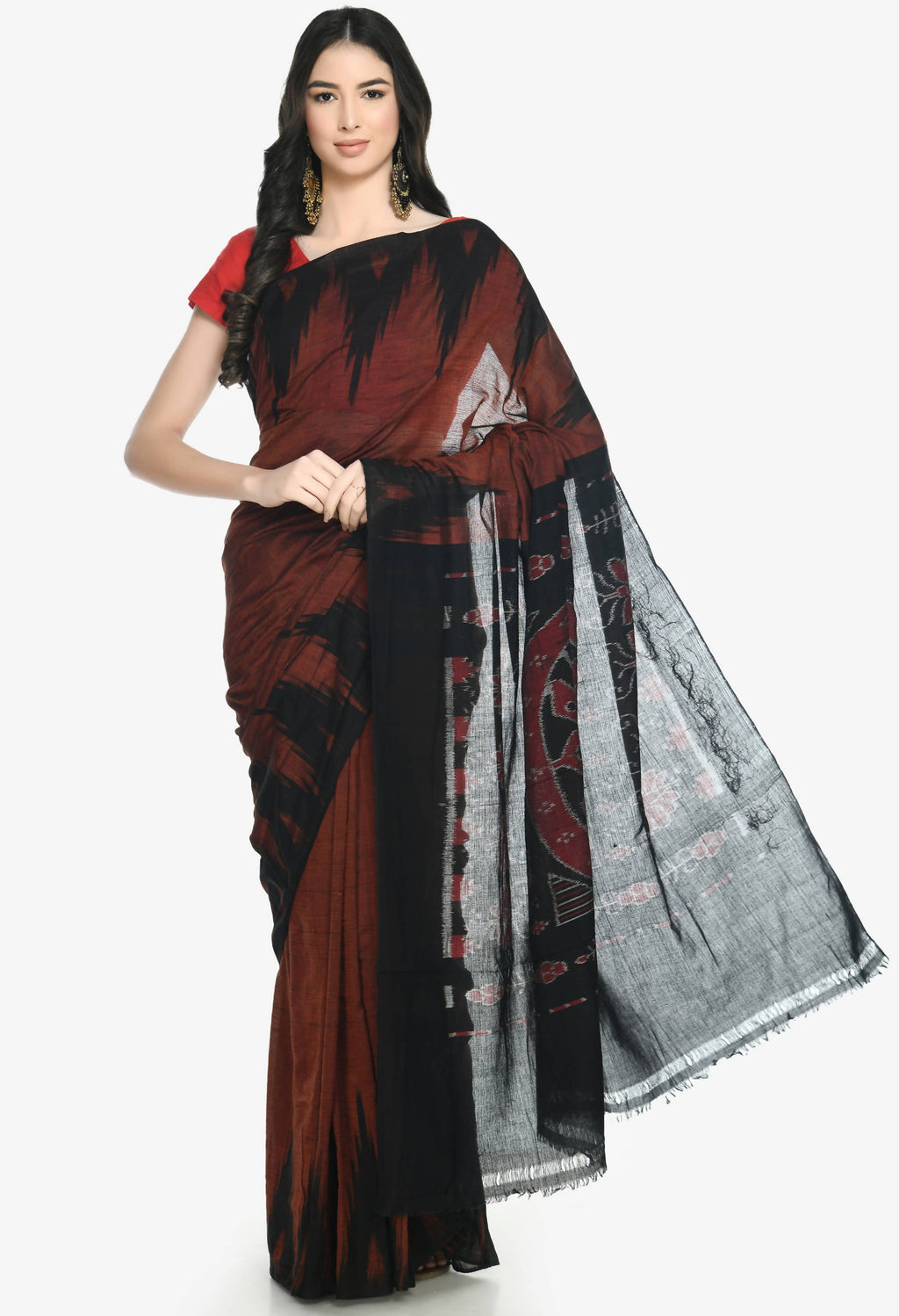 Vamika Sambalpuri Ikat Cotton Kargil Brown & Black Saree