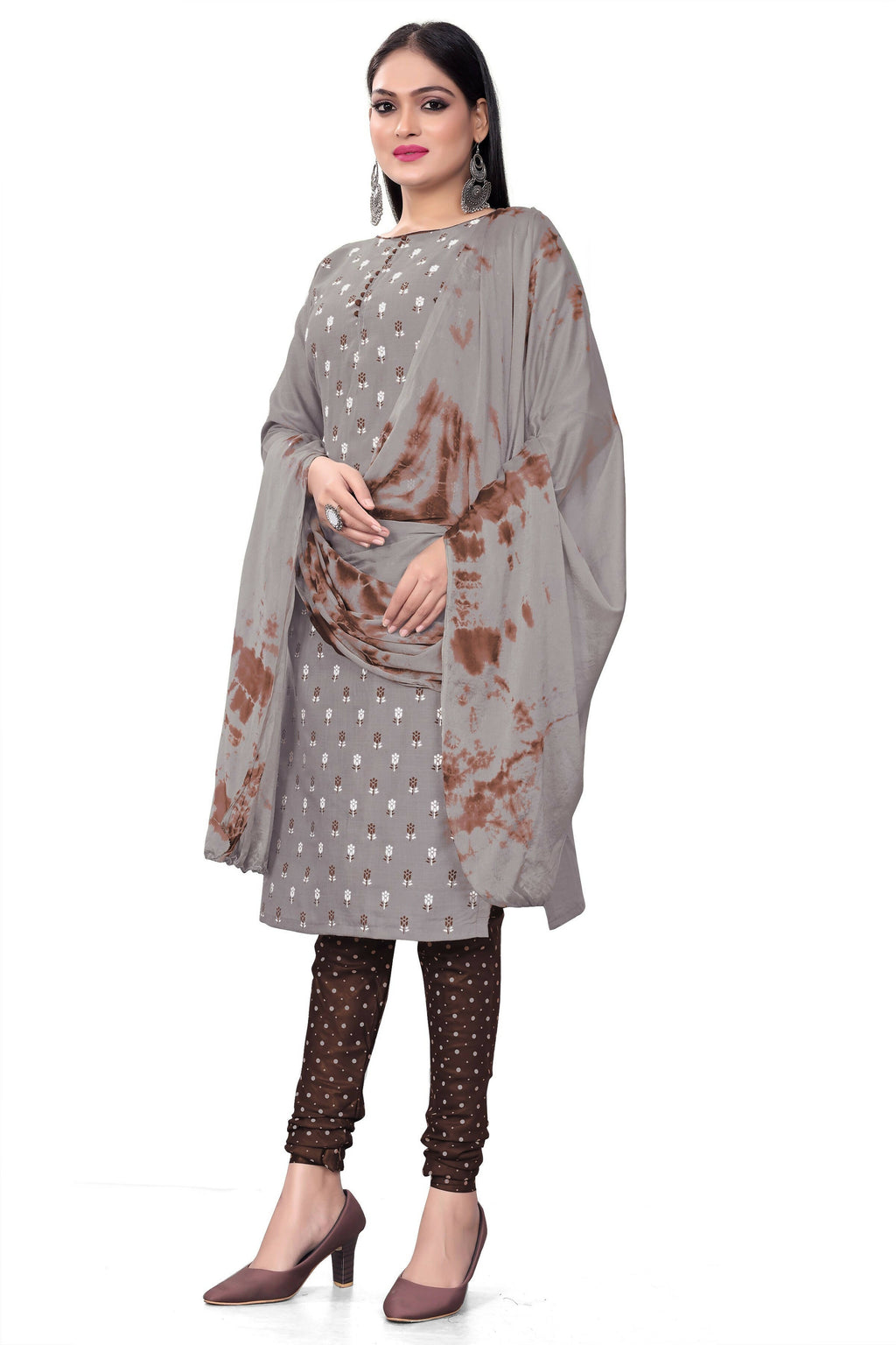 Grey Slab cotton Printed Unstitched Dress Material - Tanvi