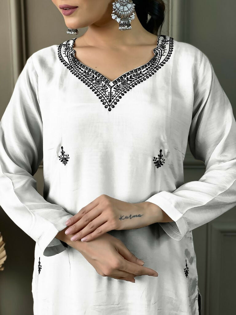 White Viscose chanderi Stitched Suit With Dupatta - Tanisha
