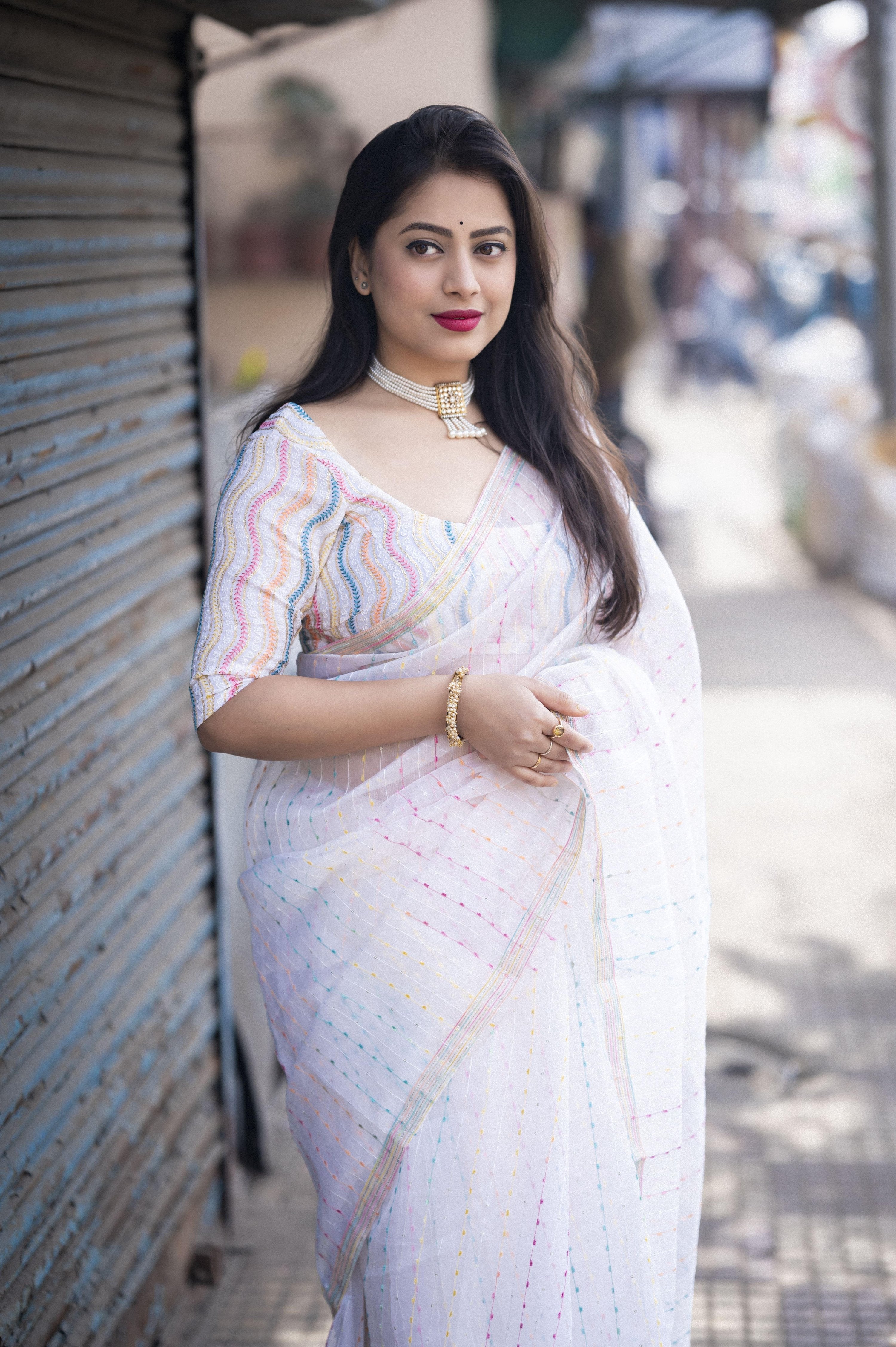 White Organza Thread Saree with Unstitched Blouse - Hiral Fashion