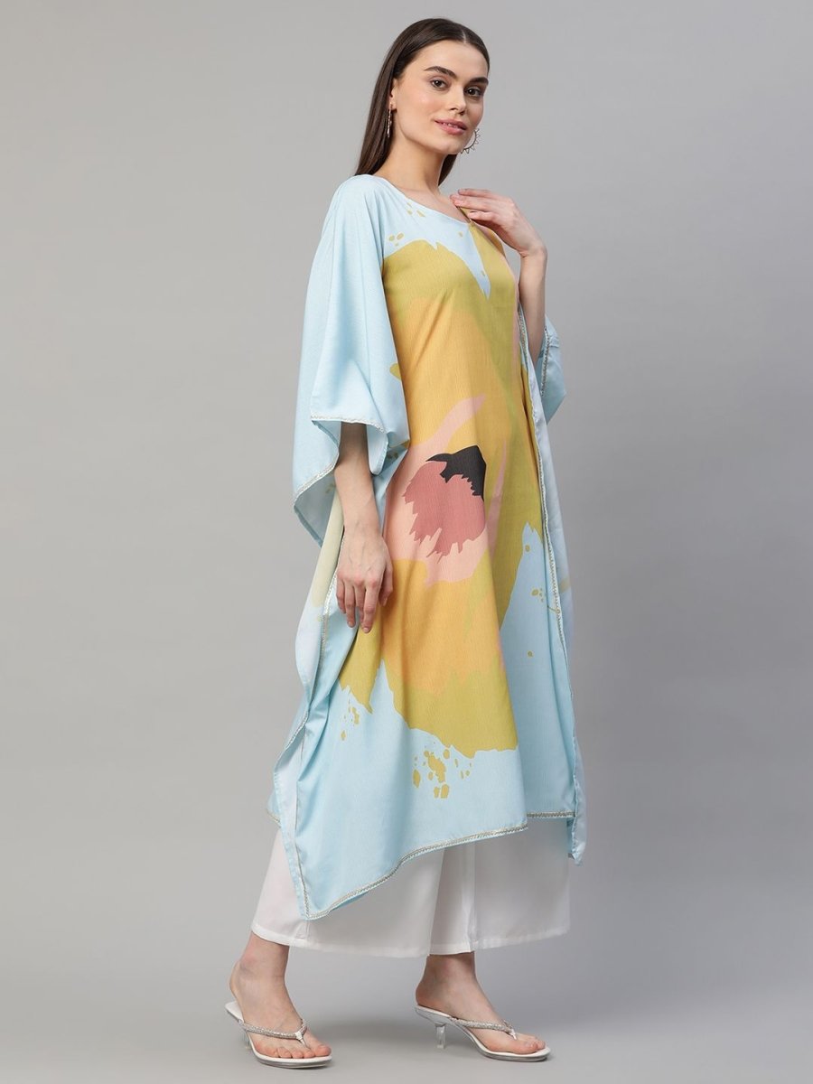 Ahalyaa Women Yellow Crepe Digital Printed Kaftan Kurta with Palazzos