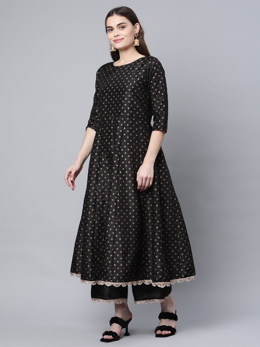 Ahalyaa Women Black Poly Silk Gold Printed Anarkali Kurta Palazzo Set With Dupatta