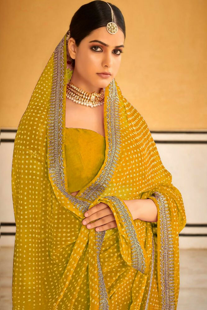 PR Fashion Yellow Georgette Embroidery Lace Saree