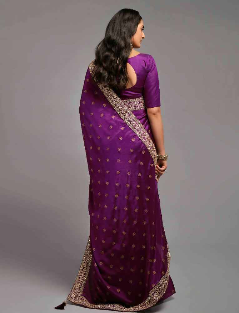 PR Fashion Wine Chinon Embroidery Lace Saree