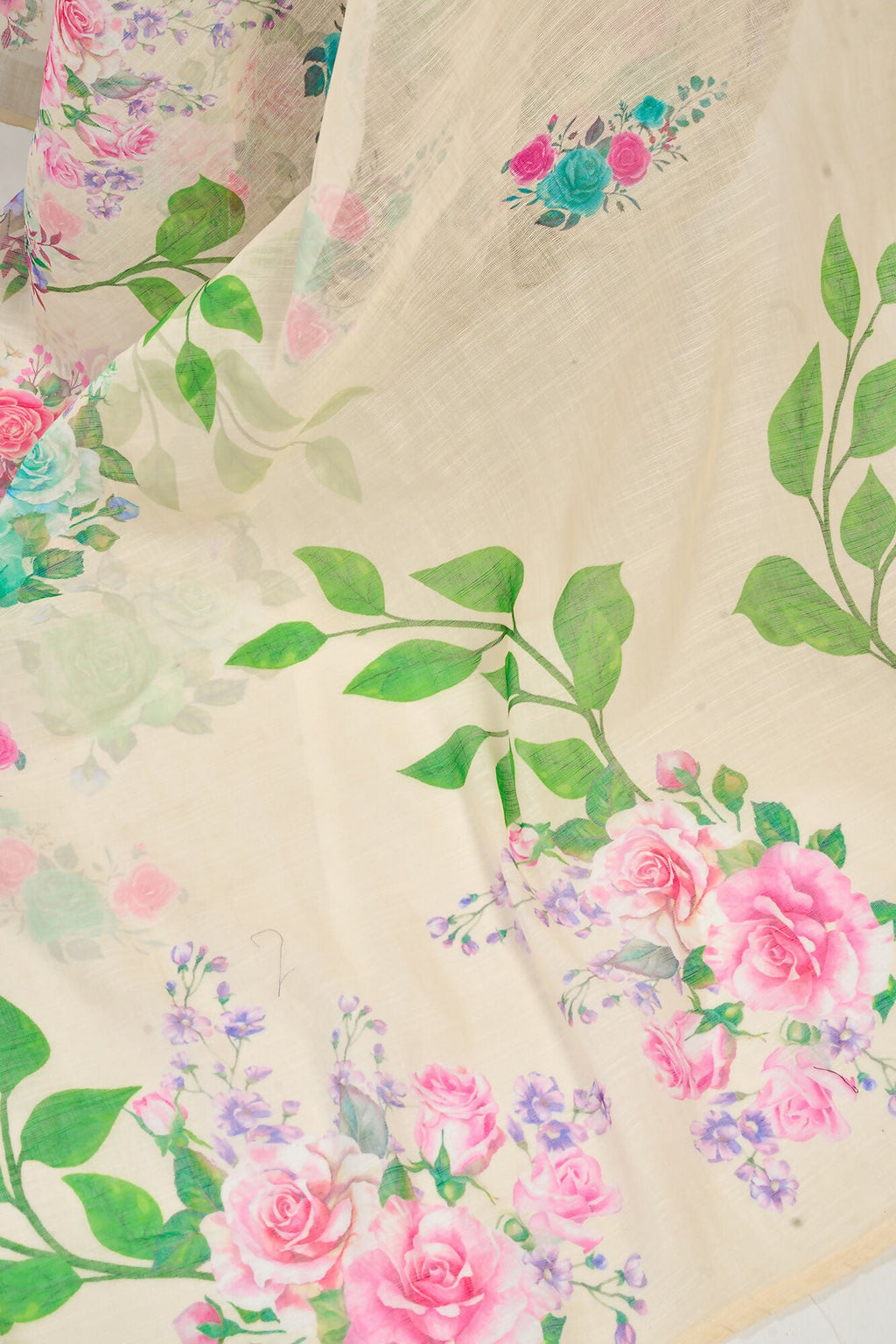 Vastranavya Cream Digital Printed Linen Ready To Wear Designer Saree with Unstitched Blouse