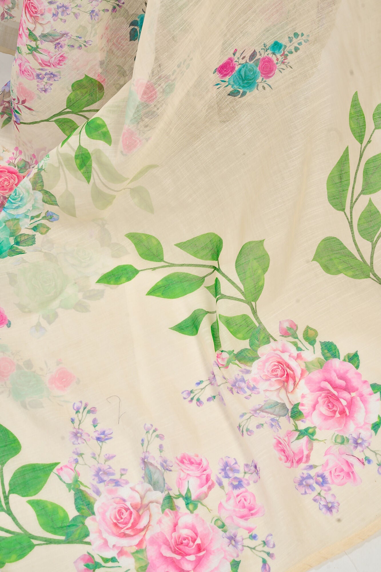 Vastranavya Cream Digital Printed Linen Ready To Wear Designer Saree with Unstitched Blouse