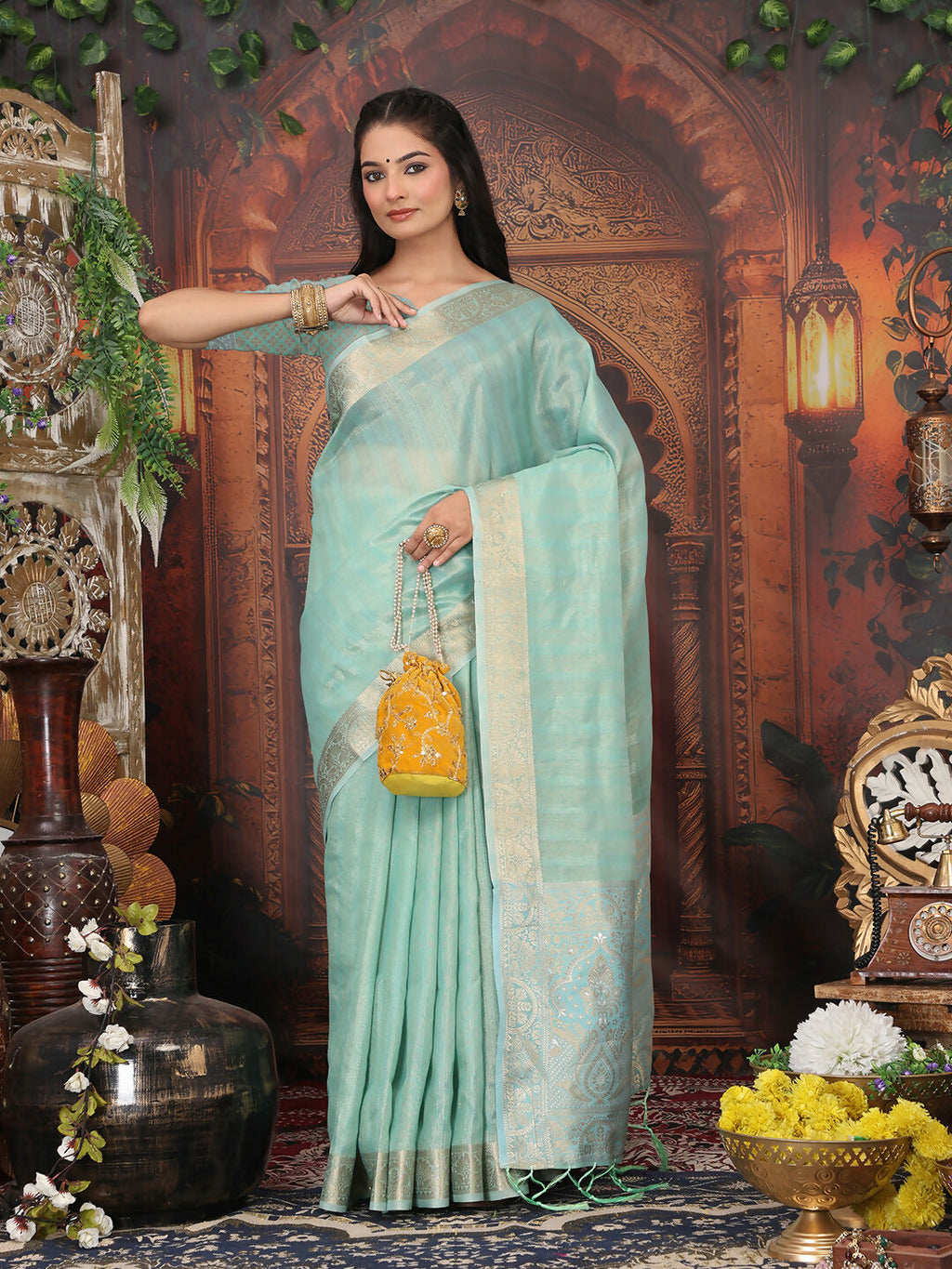 Shree Shyam Fashion Organza Rama Green Saree