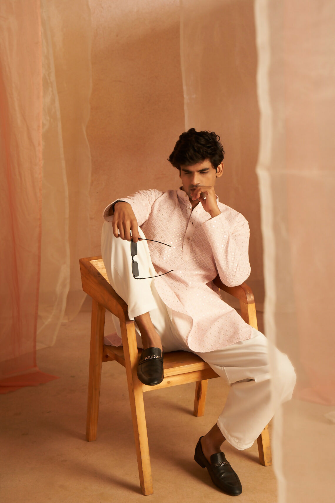 Pink Viscose Chikankari Embroidery Work Men's Kurta Set - Mahotsav