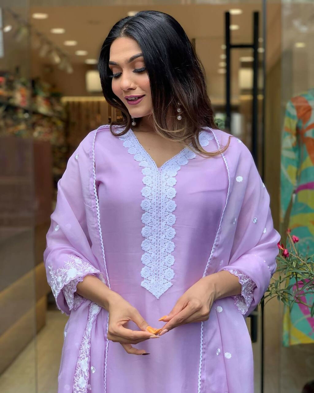 The52 Lavender Women's Gorgeous Embroidered Georgette Fabric Straight Kurta Pant with Dupatta Set