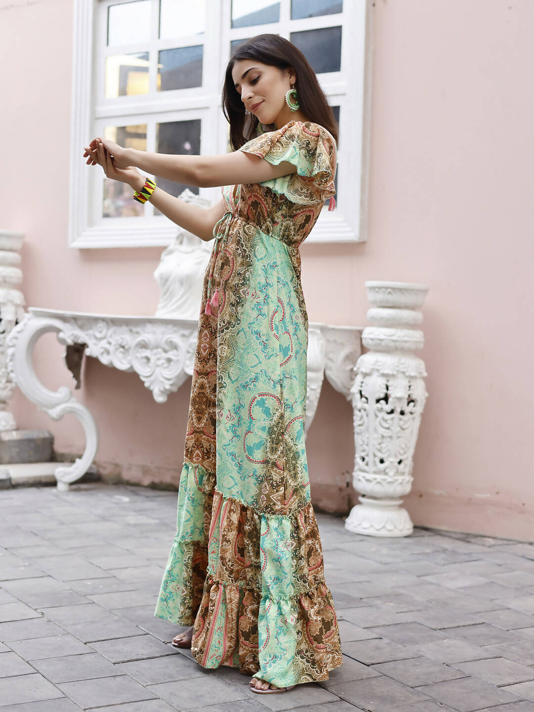 Sea Green Rayon Foil Printed Long Dress - Michan