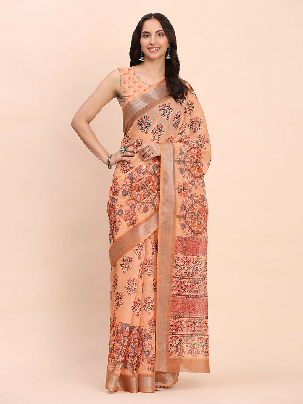 Shree Shyam Fashion Linen Cotton Orange Saree