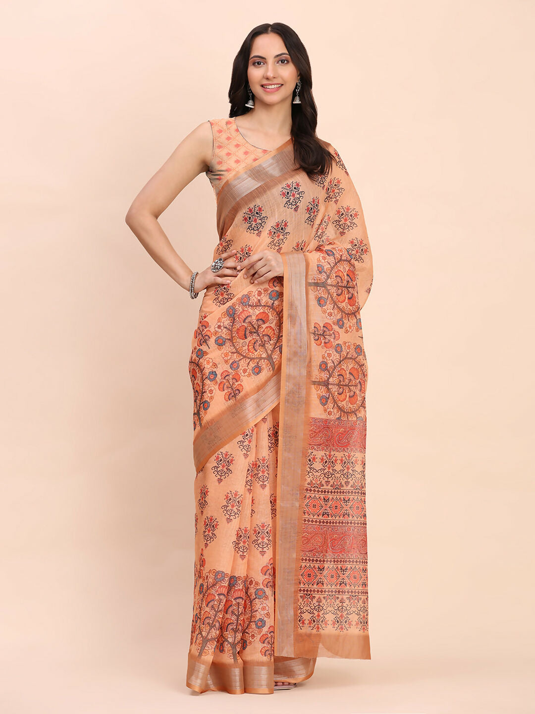 Shree Shyam Fashion Linen Cotton Orange Saree