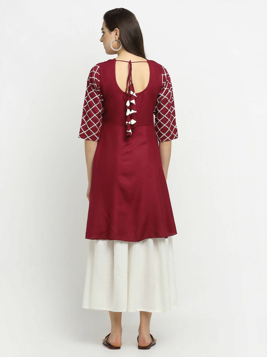 Rudra Bazaar Wine Lace Work Flared Kurti with Sharara