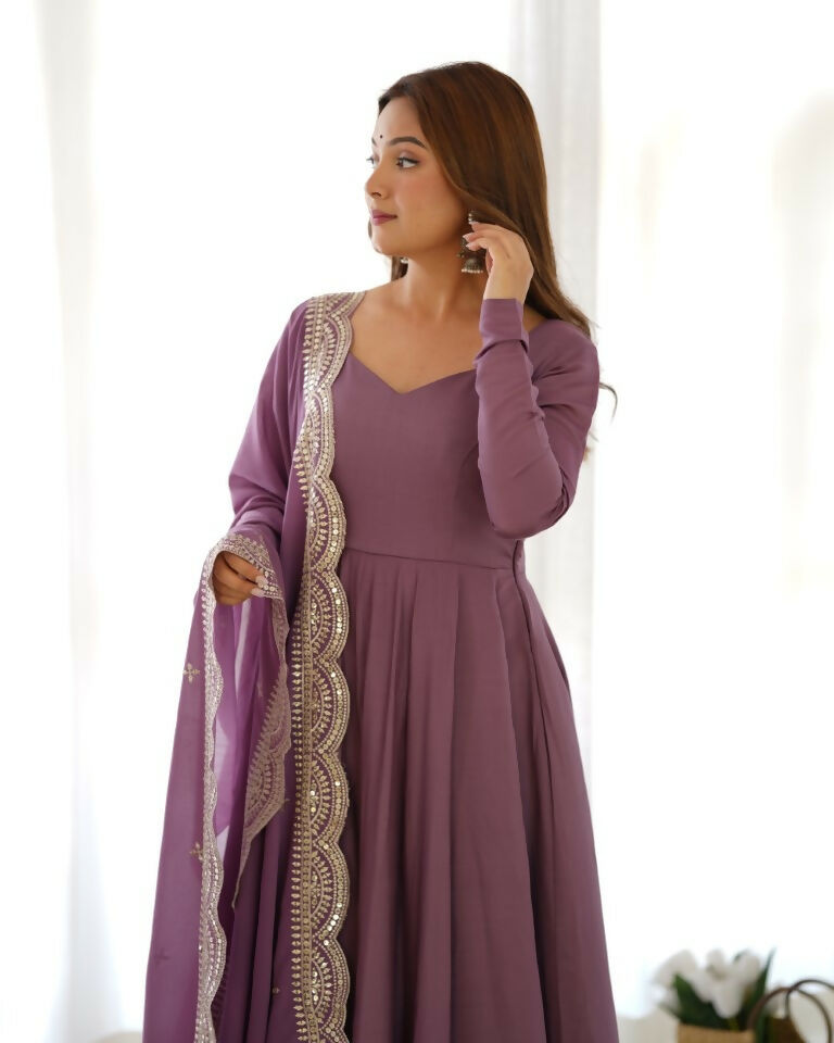 Teeya Creation Mauve Color Pure Roman Silk Chanderi Party Wear Fully Stitched Gown