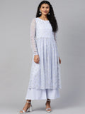 Ahalyaa Women's Blue Net Silver Glitter Printed Kurta Palazzo Set