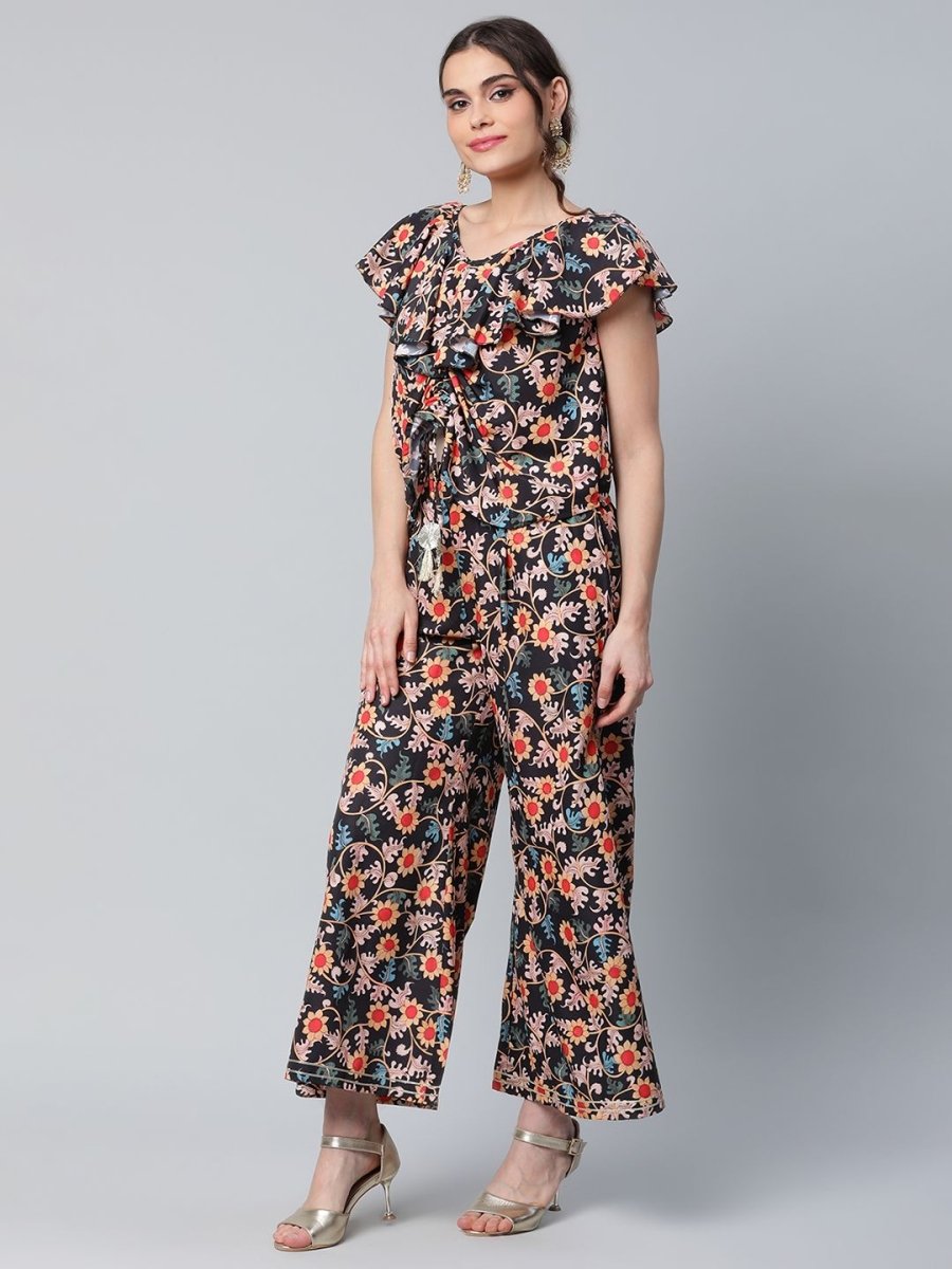 Ahalyaa Women Black Crepe Digital Print Top with Palazzo Set