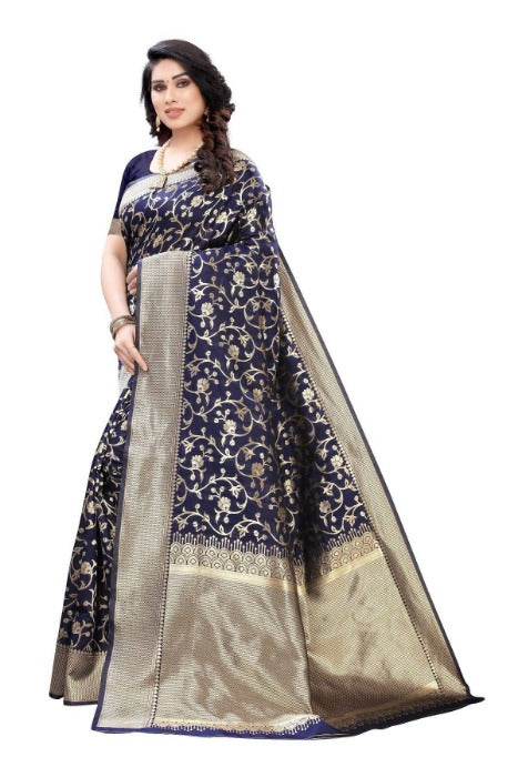 Vamika Banarasi Jacquard Weaving Navy Blue Saree (PARINITI NAVY)