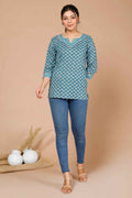 Miravan Women's Blue Floral Printed Pure Cotton Regular Kurti