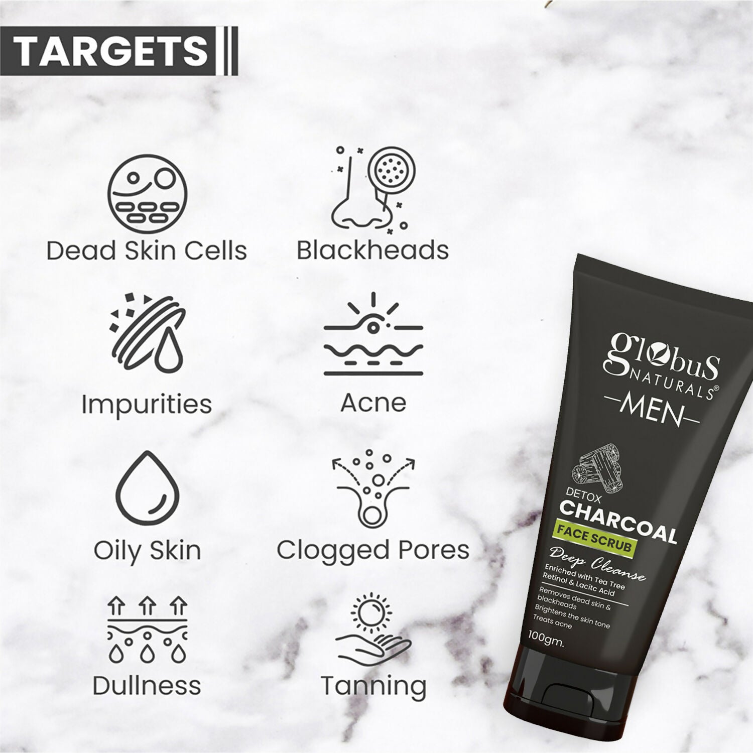 Globus Naturals Anti Pollution & Anti Acne Detox Charcoal Face Scrub for Men
