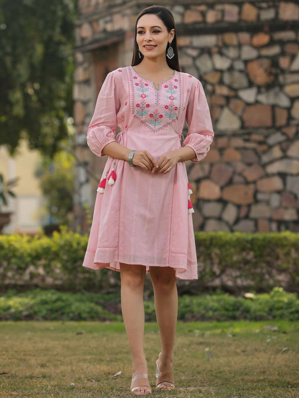 Juniper Women's Pink Cotton Dobby Embroidered Flared Dress