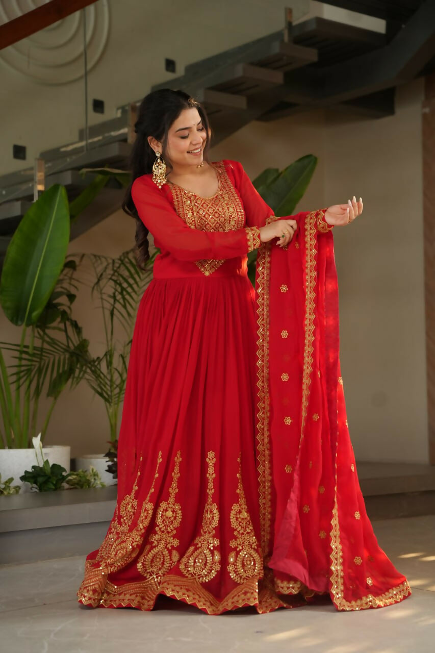 Vastranavya Red Faux Blooming with Embroidery Zari Sequins Work Gown