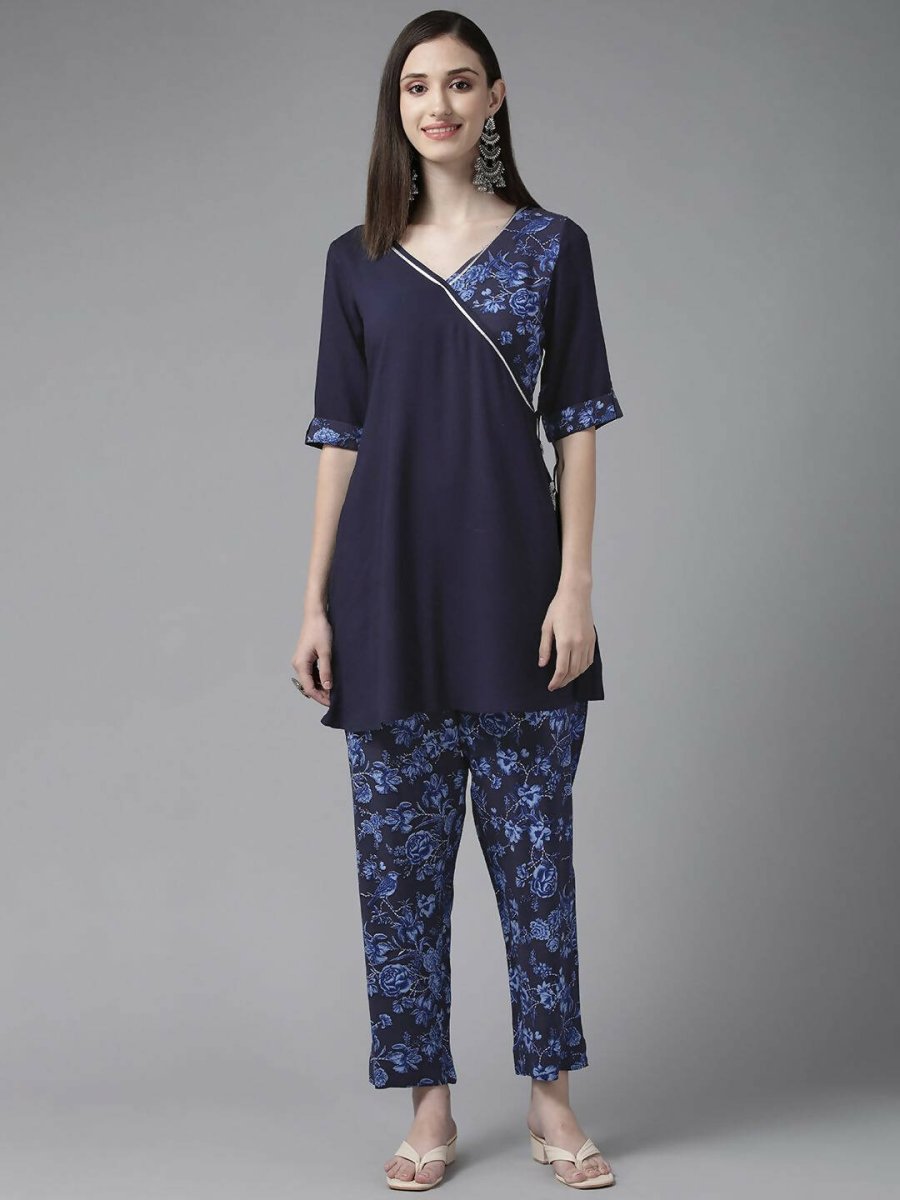 Ahalyaa Women Navy Blue Rayon Wax Printed Angrakha Gotta Patti Tunic With Trousers