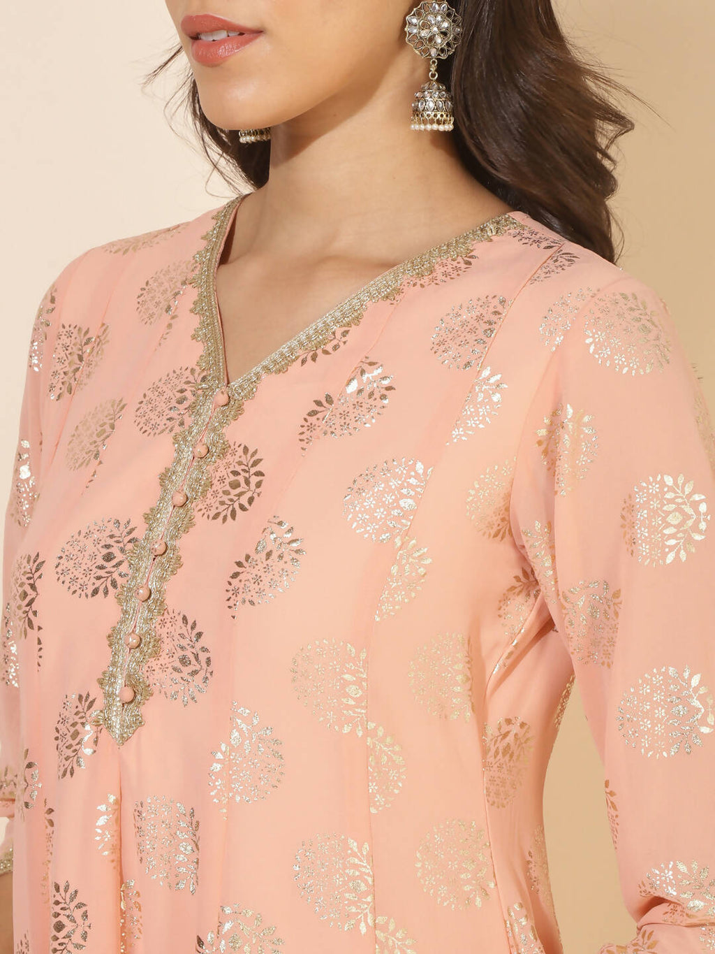 Janasya Women's Peach Georgette Foil Printed Festive Anarkali Kurta Set