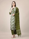 Jyoti Fashion Women's Mehendi Rayon Print with Embroidery & Fancy Lace Work Kurta with Trouser & Dupatta
