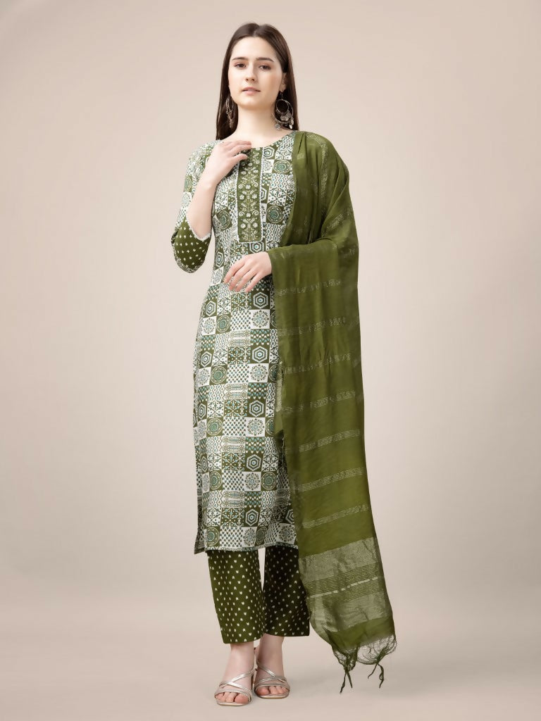 Jyoti Fashion Women's Mehendi Rayon Print with Embroidery & Fancy Lace Work Kurta with Trouser & Dupatta